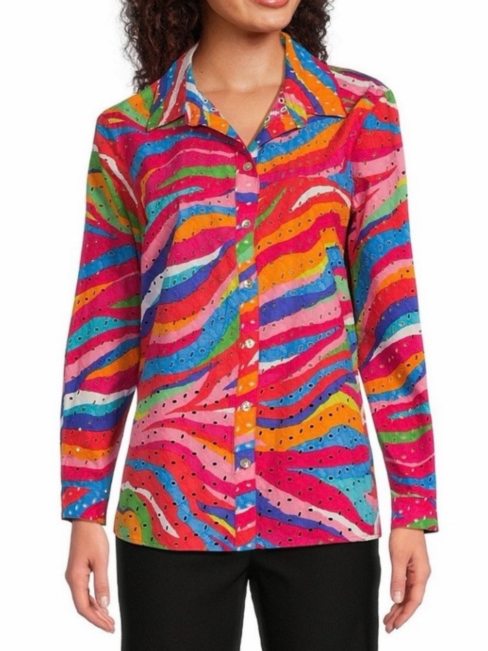 John Mark Blouse 0X Plus Multicolor Watercolor Zebra Eyelet Embroidered Button